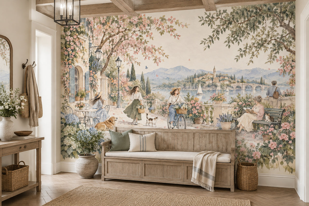 Mediterranean Terrace Scene Wallpaper Mural Pastel Watercolor, Sailboats And Floral Garden