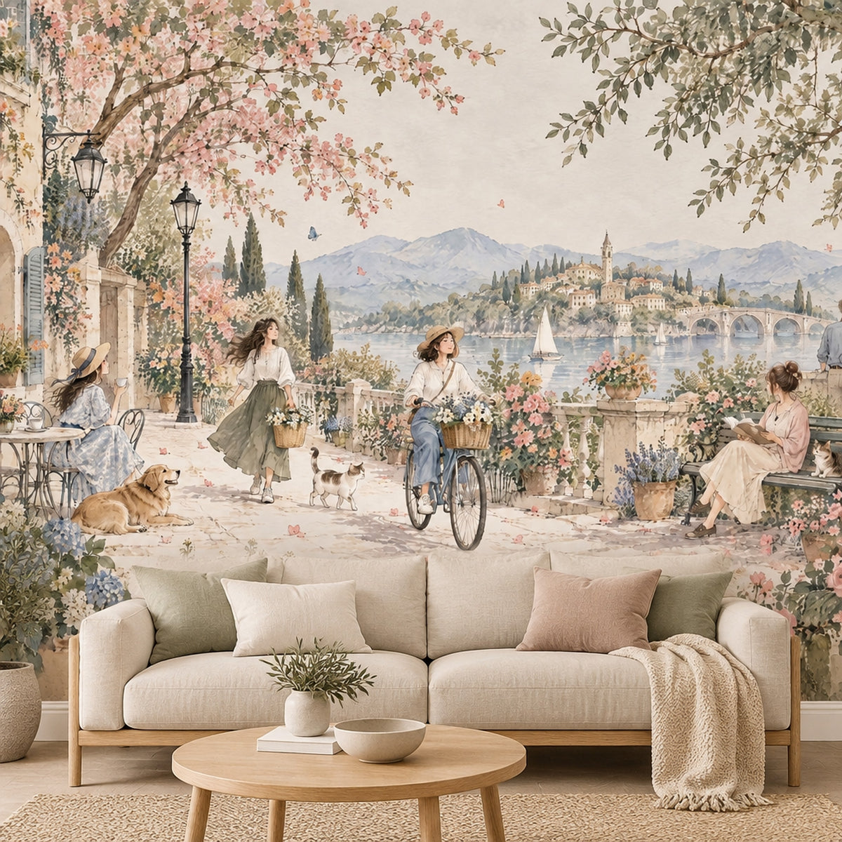 Mediterranean Terrace Scene Wallpaper Mural Pastel Watercolor, Sailboats And Floral Garden