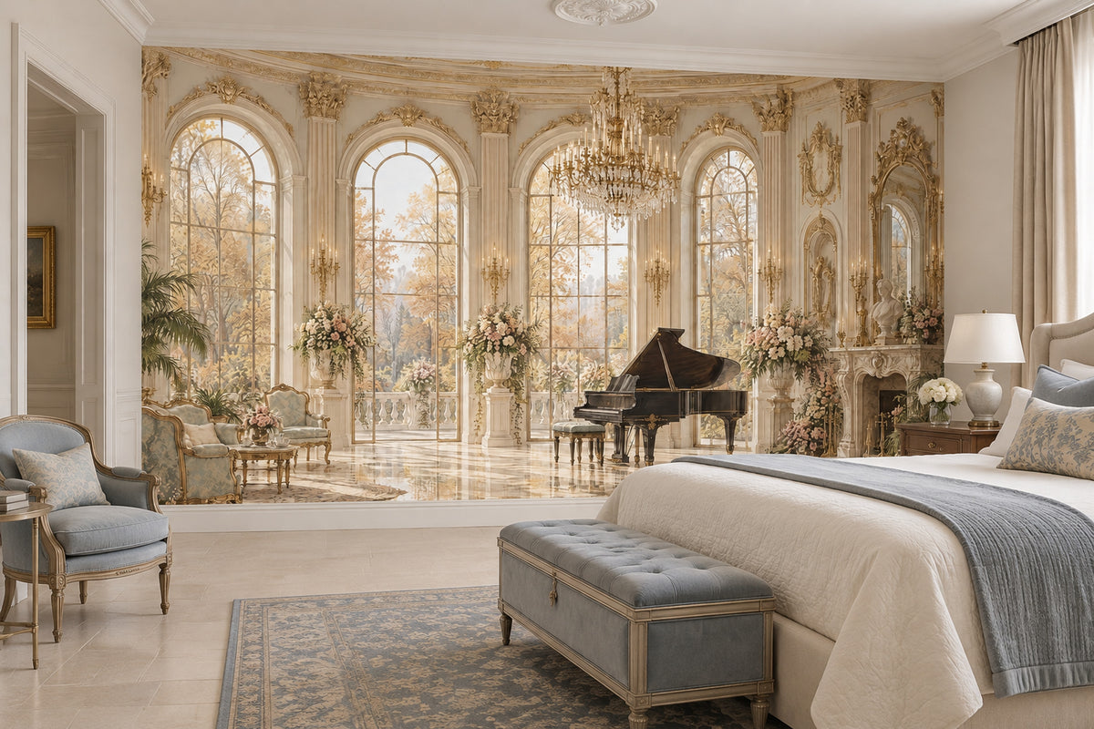 Grand Palace Salon Wallpaper Mural Traditional Gold, Crystal Chandelier And Piano