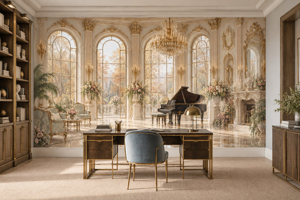 Grand Palace Salon Wallpaper Mural Traditional Gold, Crystal Chandelier And Piano