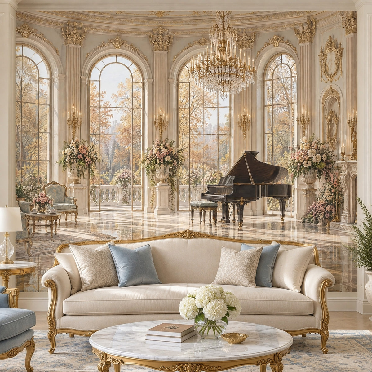 Grand Palace Salon Wallpaper Mural Traditional Gold, Crystal Chandelier And Piano