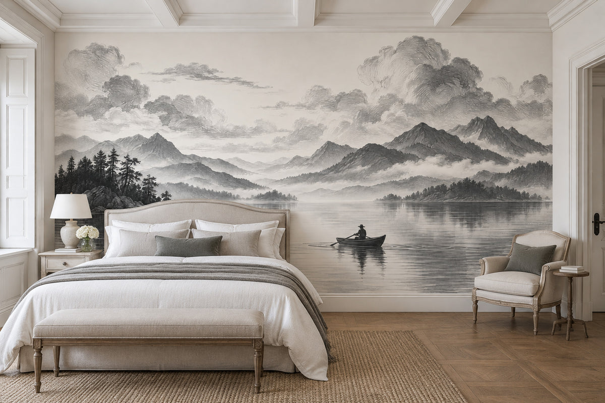Rowboat On Misty Mountain Lake Wallpaper Mural, Monochrome Engraving Style