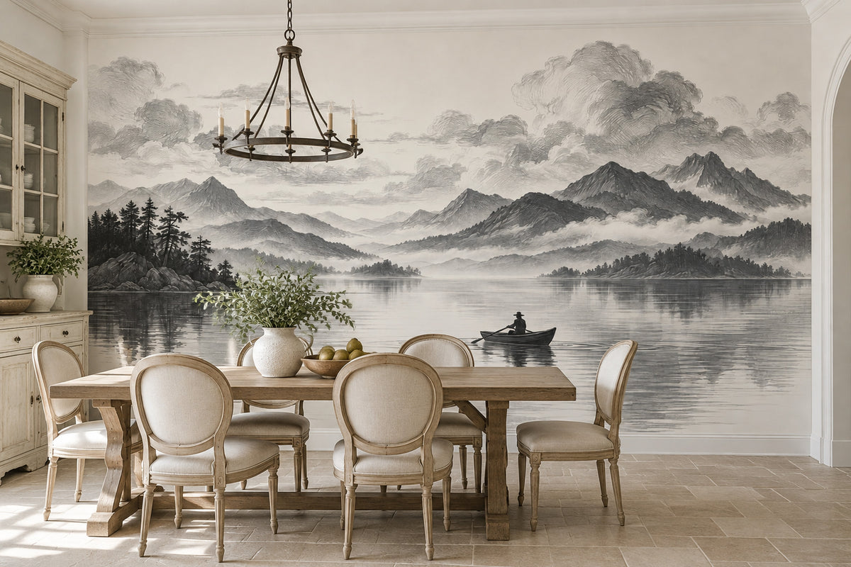 Rowboat On Misty Mountain Lake Wallpaper Mural, Monochrome Engraving Style