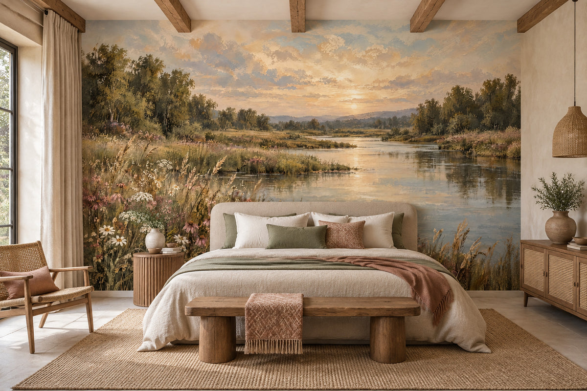 Sunset Riverside Landscape Wallpaper Mural Vintage Inspired Oil Painting Style