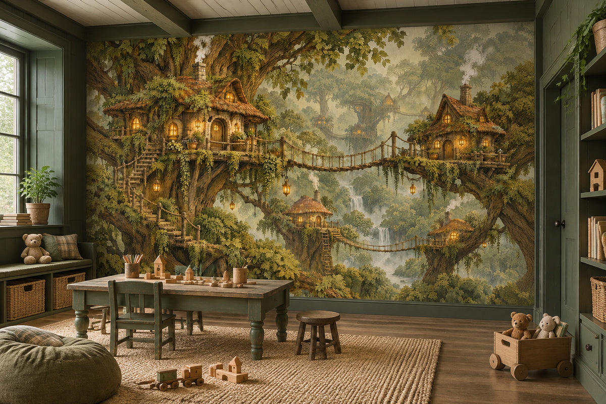 Enchanted Treehouse Village Wallpaper Mural, Warm Lantern Forest Illustration