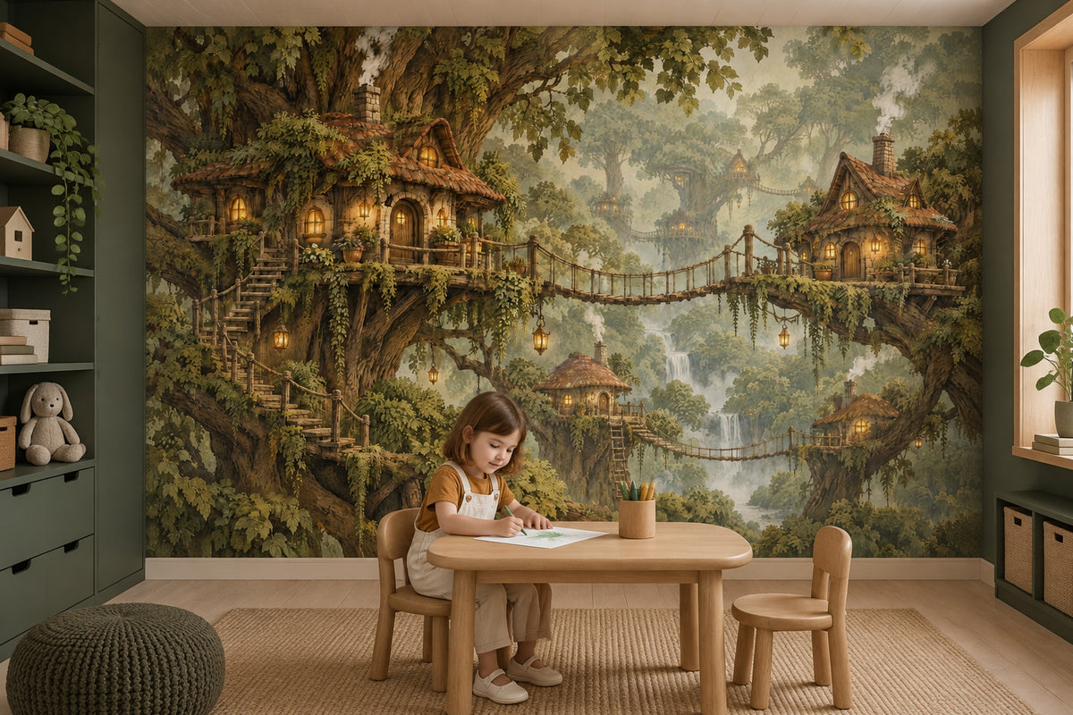 Enchanted Treehouse Village Wallpaper Mural, Warm Lantern Forest Illustration