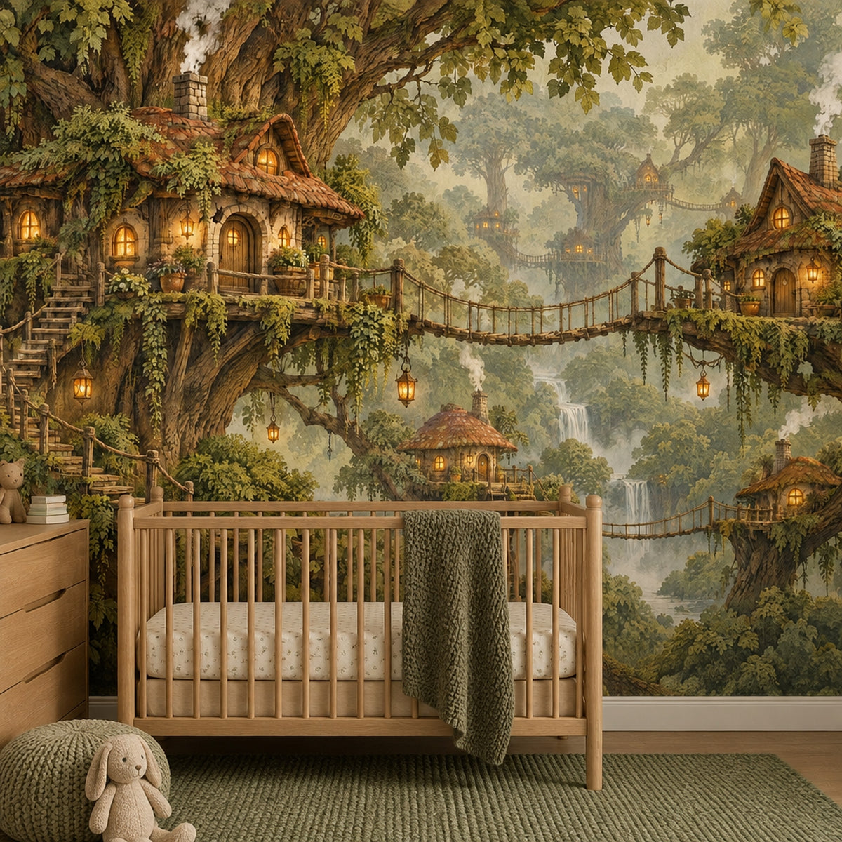 Enchanted Treehouse Village Wallpaper Mural, Warm Lantern Forest Illustration