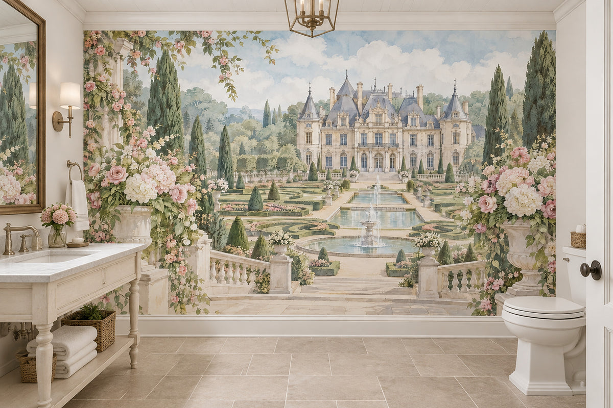 French Chateau Garden Wallpaper Mural Watercolor Pastel With Fountains
