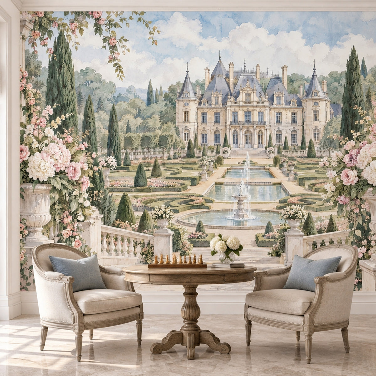French Chateau Garden Wallpaper Mural Watercolor Pastel With Fountains