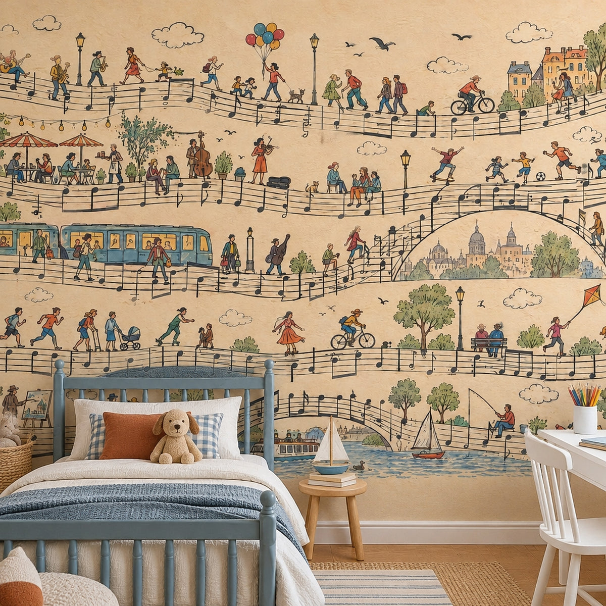 Music Notes European City Wallpaper Mural Vintage Inspired Illustration