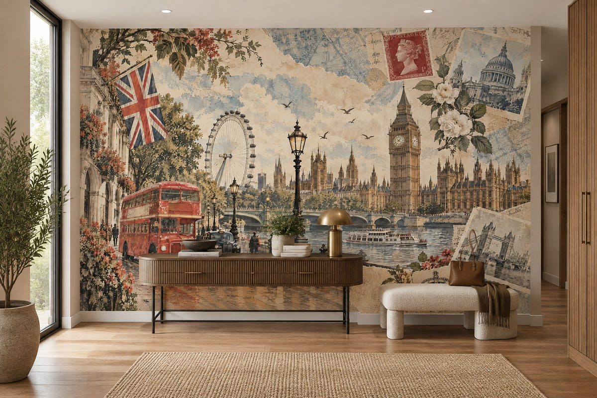 London Cityscape Wallpaper Mural Vintage Inspired Postcard Collage
