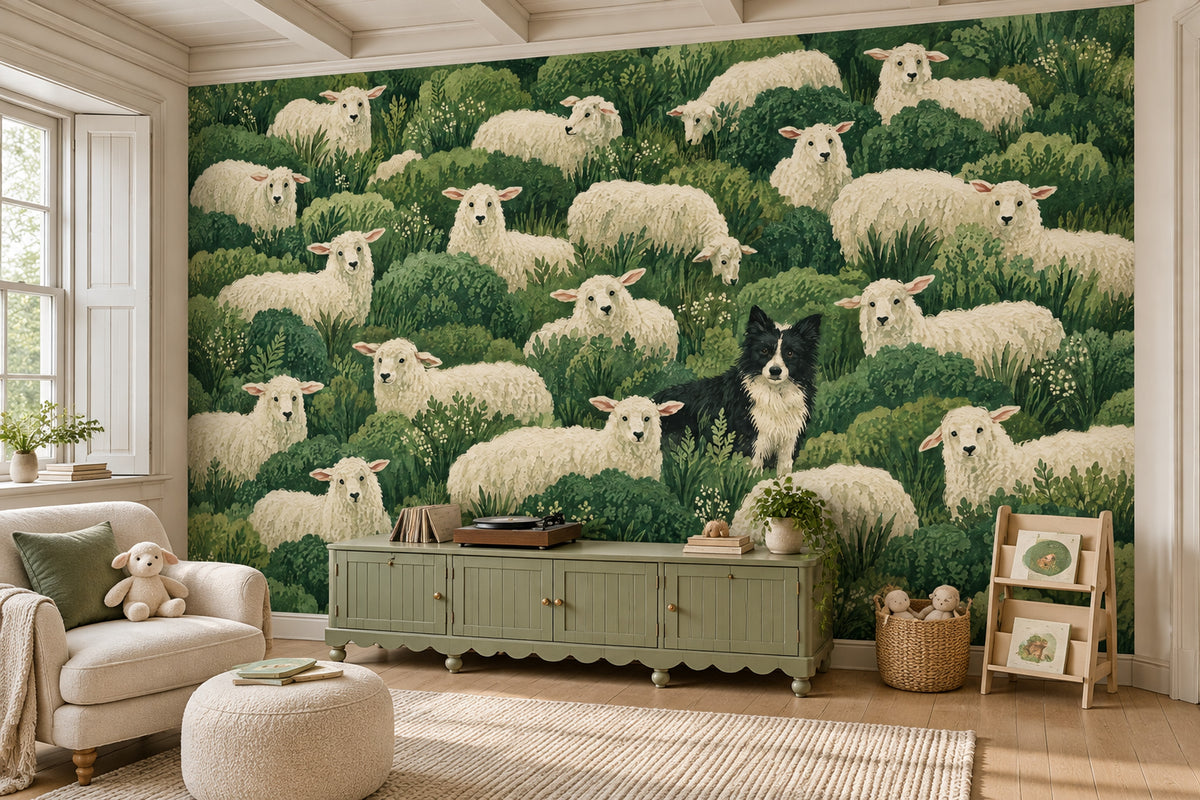 Sheep And Border Collie Wallpaper Mural Watercolor Green Foliage