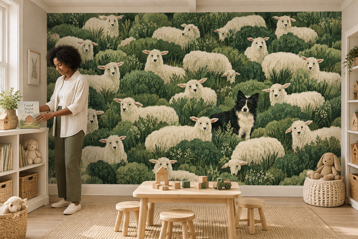 Sheep And Border Collie Wallpaper Mural Watercolor Green Foliage