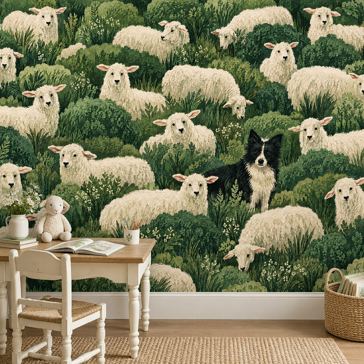 Sheep And Border Collie Wallpaper Mural Watercolor Green Foliage