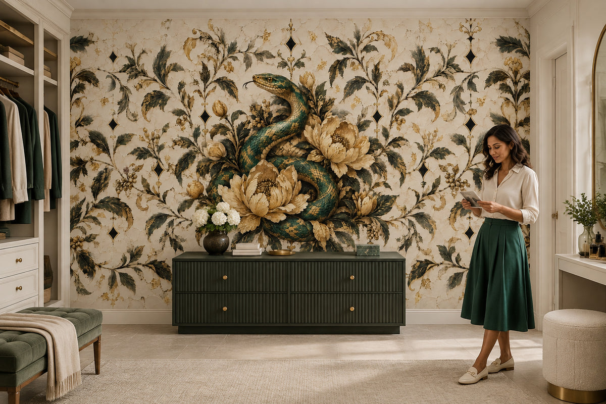Coiled Snake Wallpaper Mural In Emerald And Gold Ornate Damask