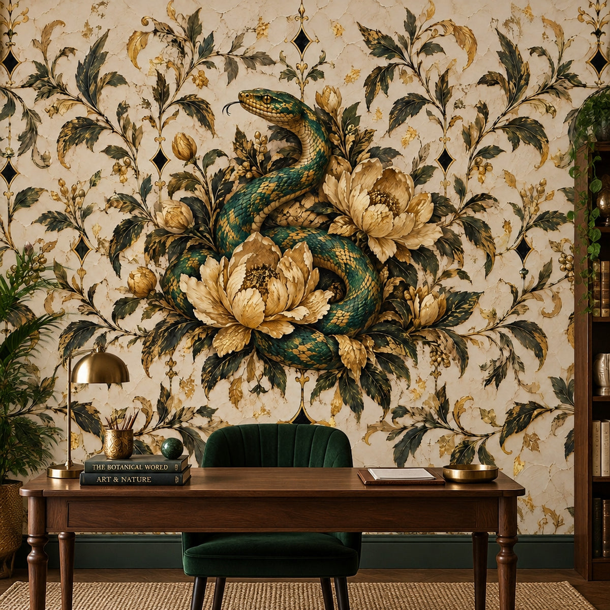 Coiled Snake Wallpaper Mural In Emerald And Gold Ornate Damask