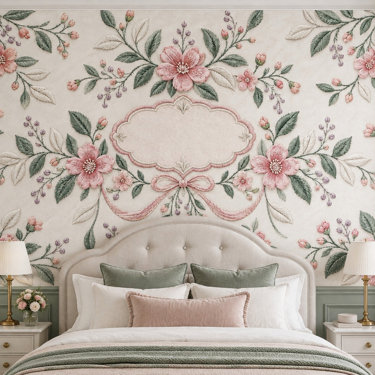 Embroidered Pink Flowers Wallpaper Mural Cream Vintage Inspired Frame