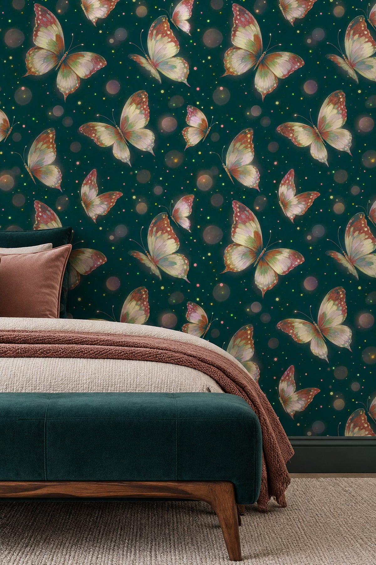 Flying Butterflies Wallpaper Dark Teal Background With Bokeh Glow