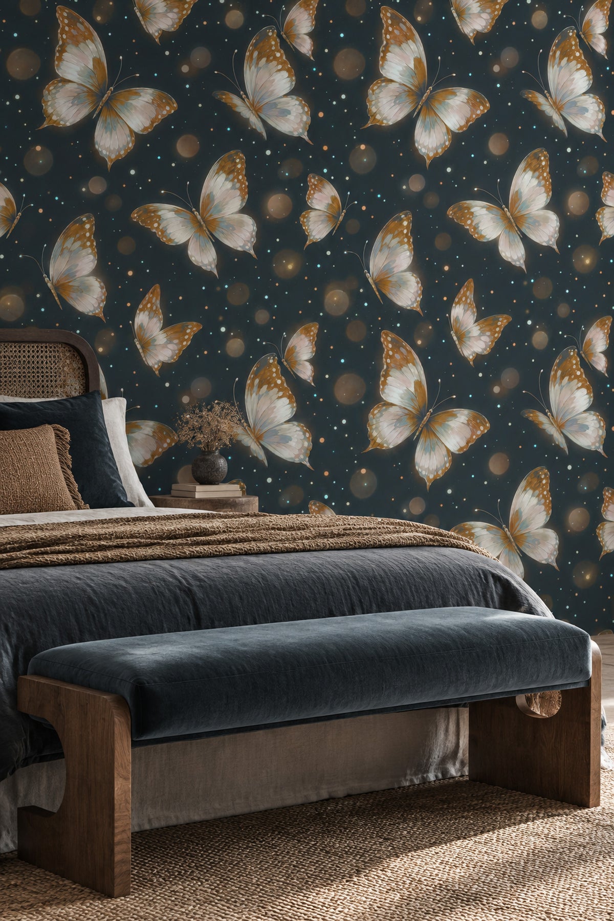 Butterflies Wallpaper Navy Background With Gold Accents