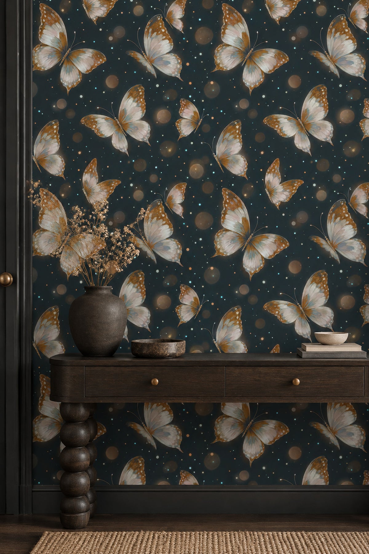 Butterflies Wallpaper Navy Background With Gold Accents
