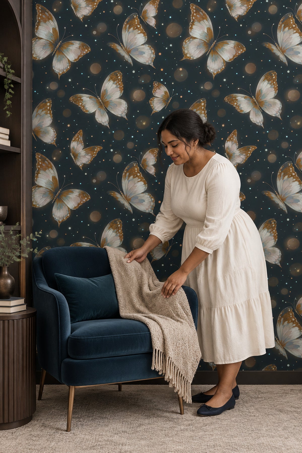 Butterflies Wallpaper Navy Background With Gold Accents