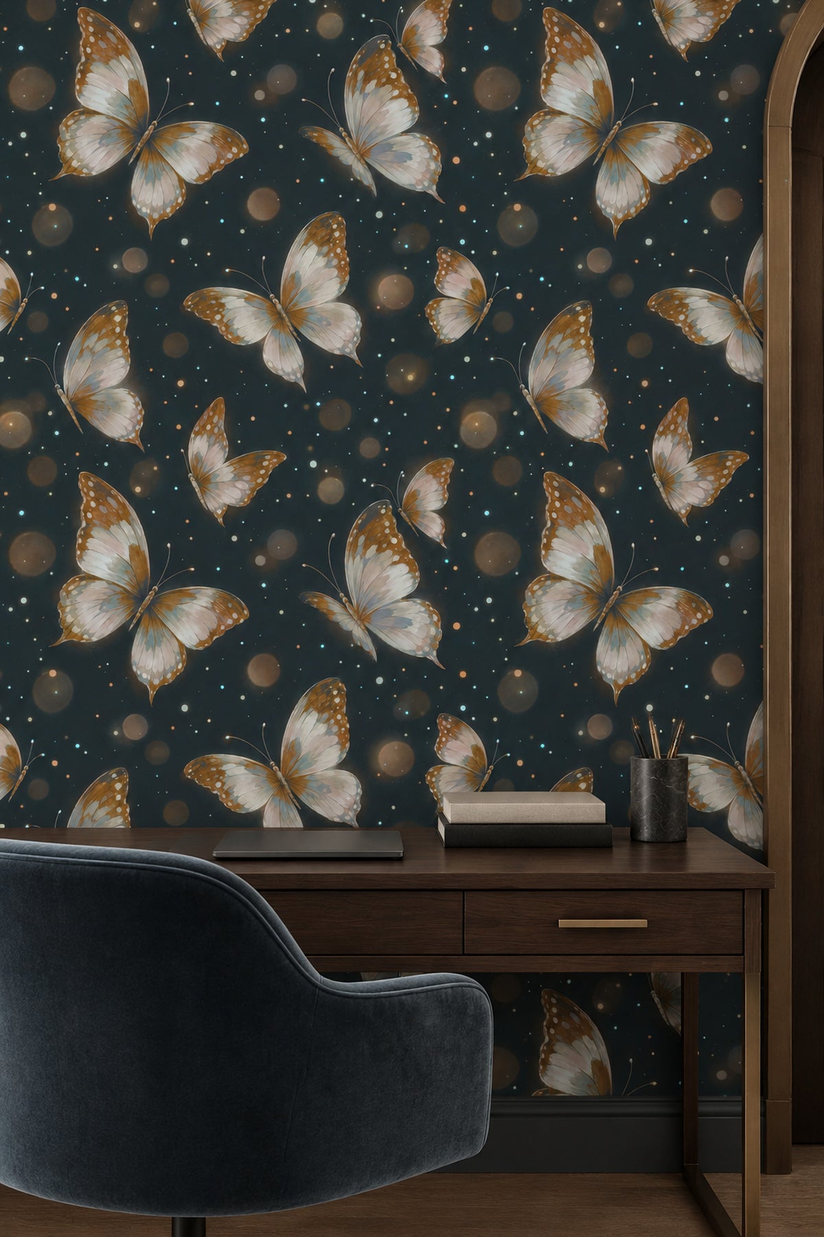 Butterflies Wallpaper Navy Background With Gold Accents