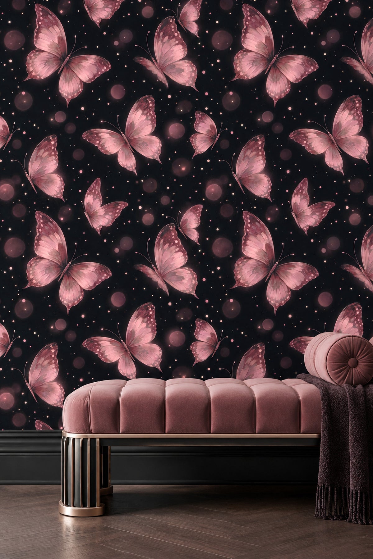 Pink Butterflies Wallpaper Black Background With Bokeh Dots