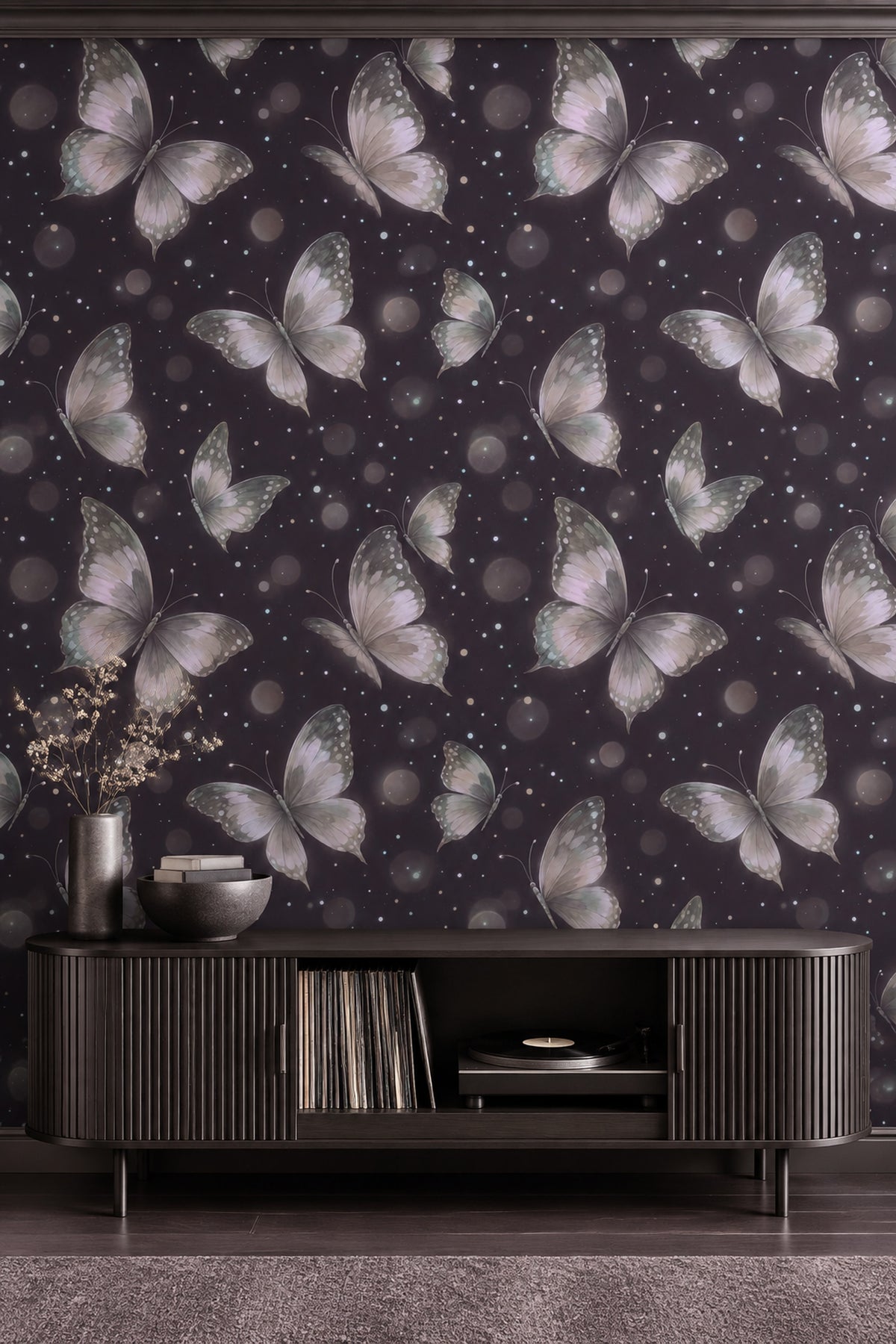 Watercolor Butterflies Wallpaper Night Sky Navy With Bokeh Glow