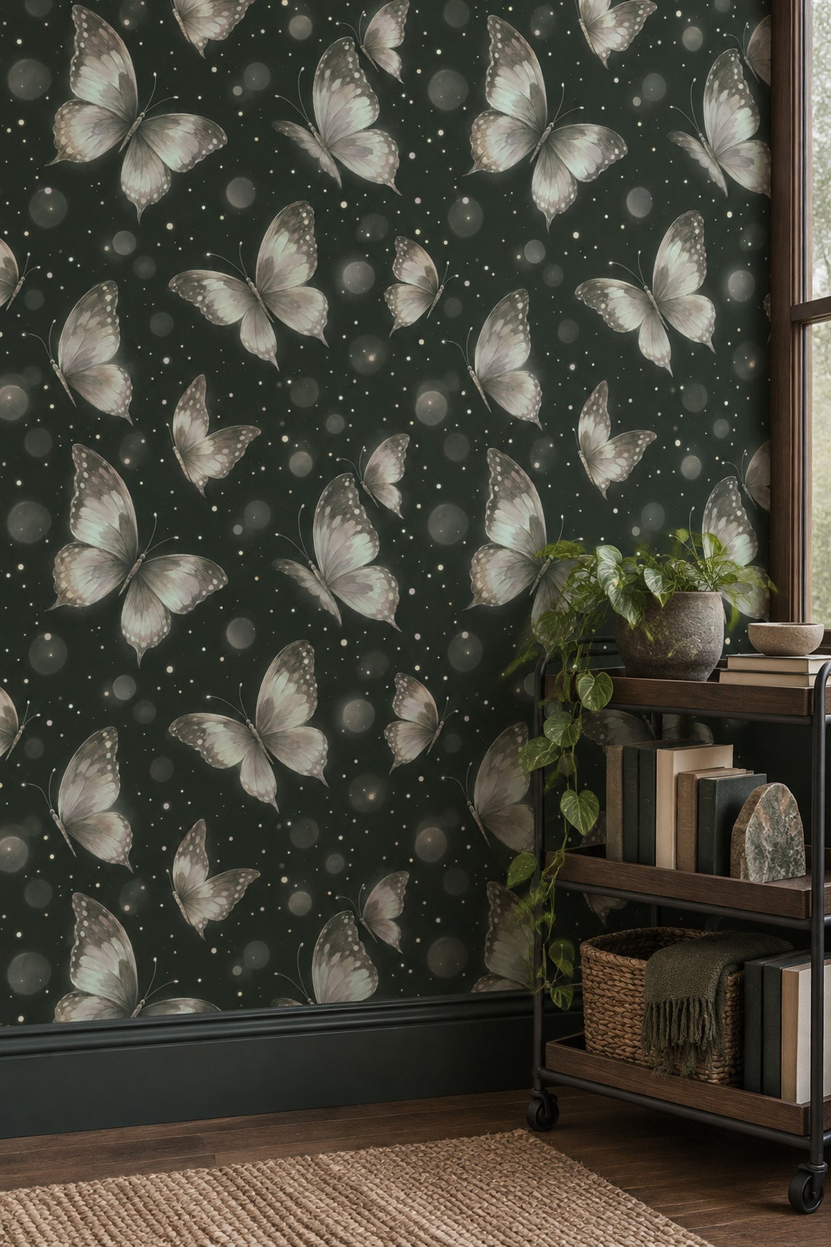 Ethereal Butterflies Wallpaper Forest Green Bokeh Glow
