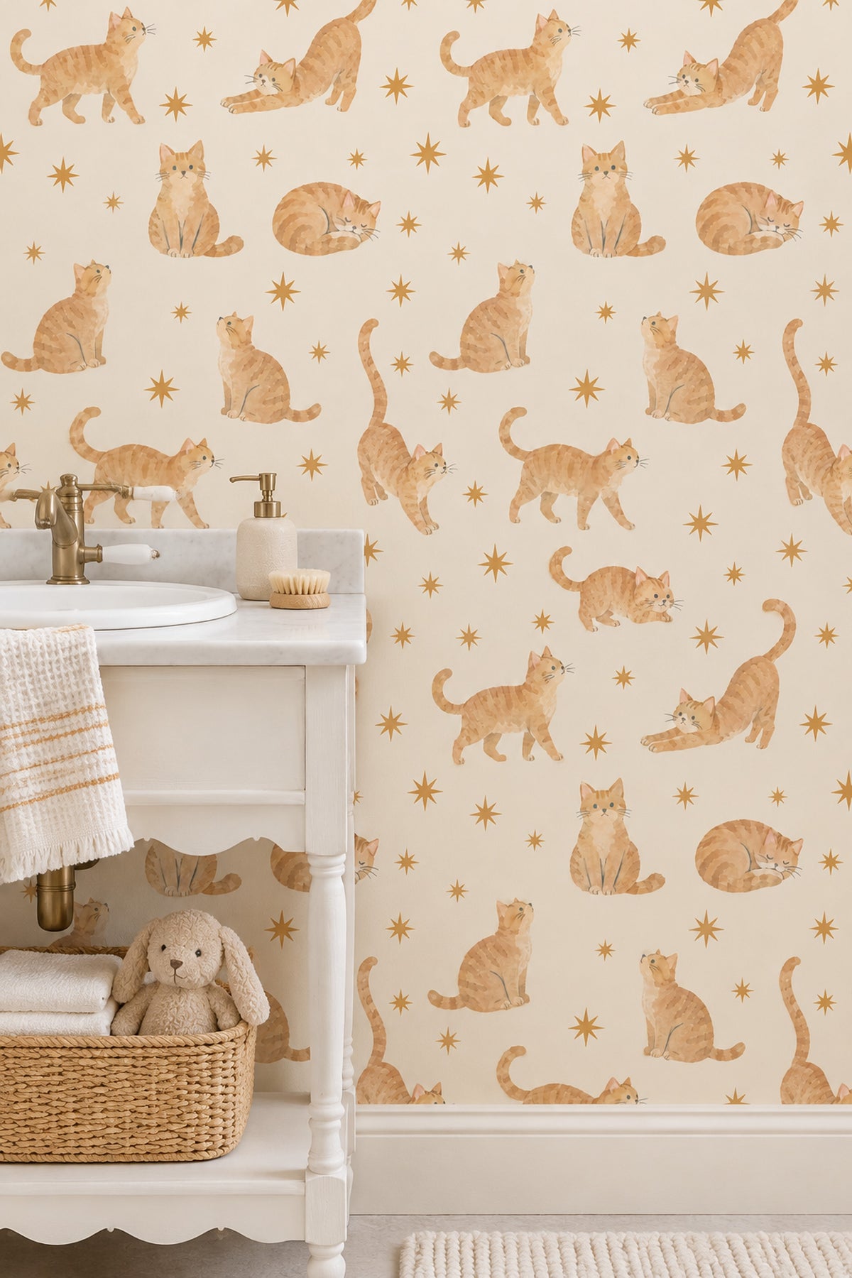 Watercolor Tabby Cats Wallpaper On Cream Background With Gold Stars