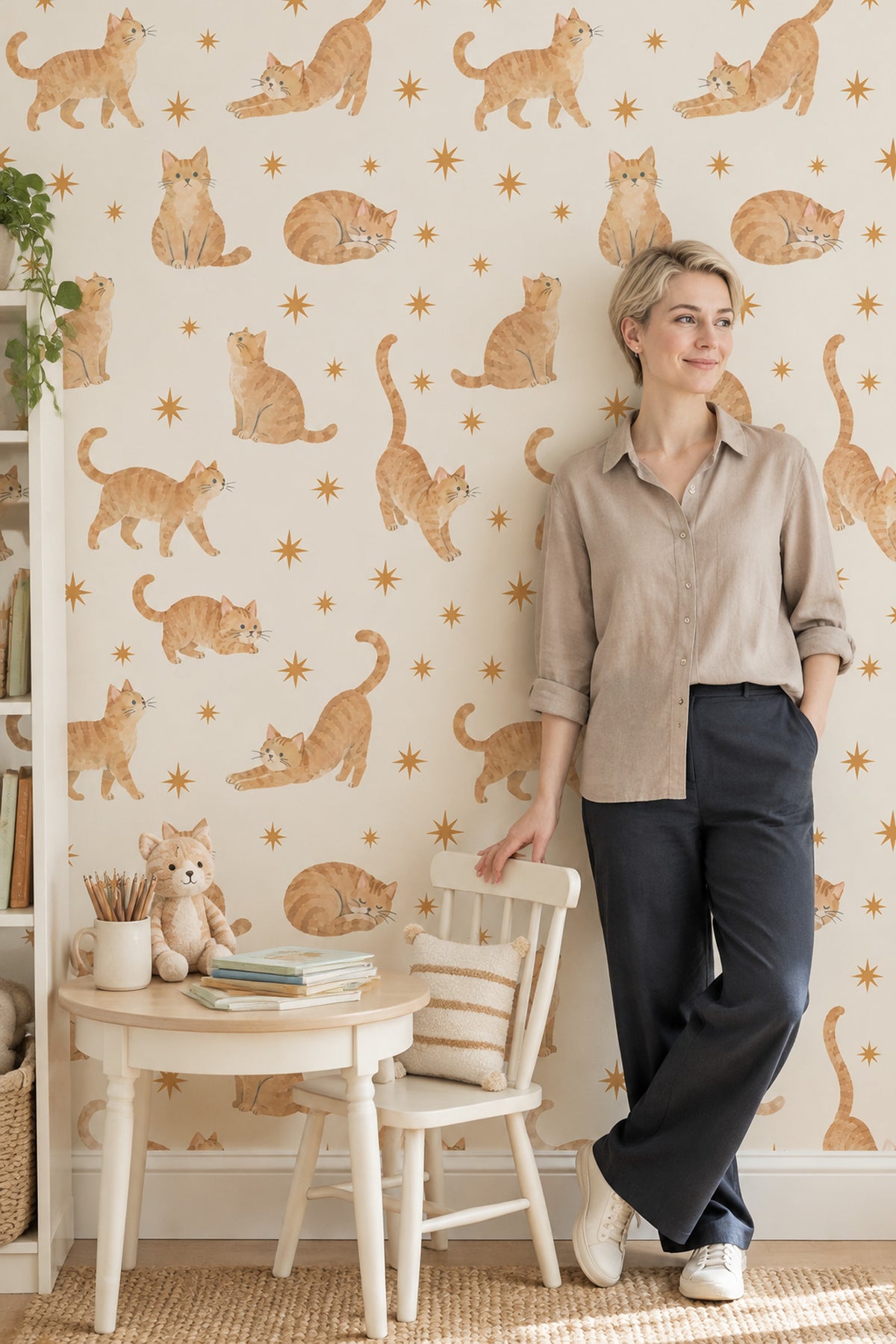 Watercolor Tabby Cats Wallpaper On Cream Background With Gold Stars