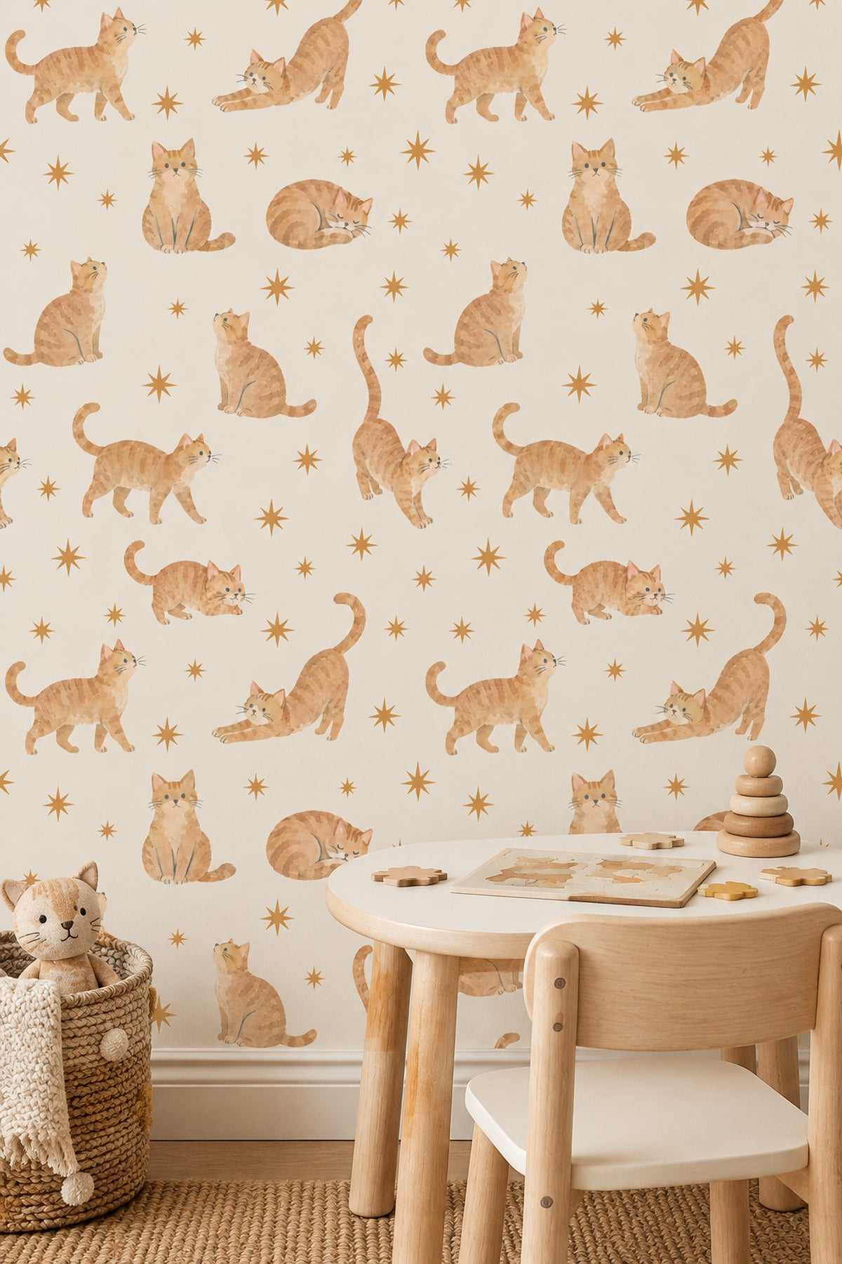 Watercolor Tabby Cats Wallpaper On Cream Background With Gold Stars