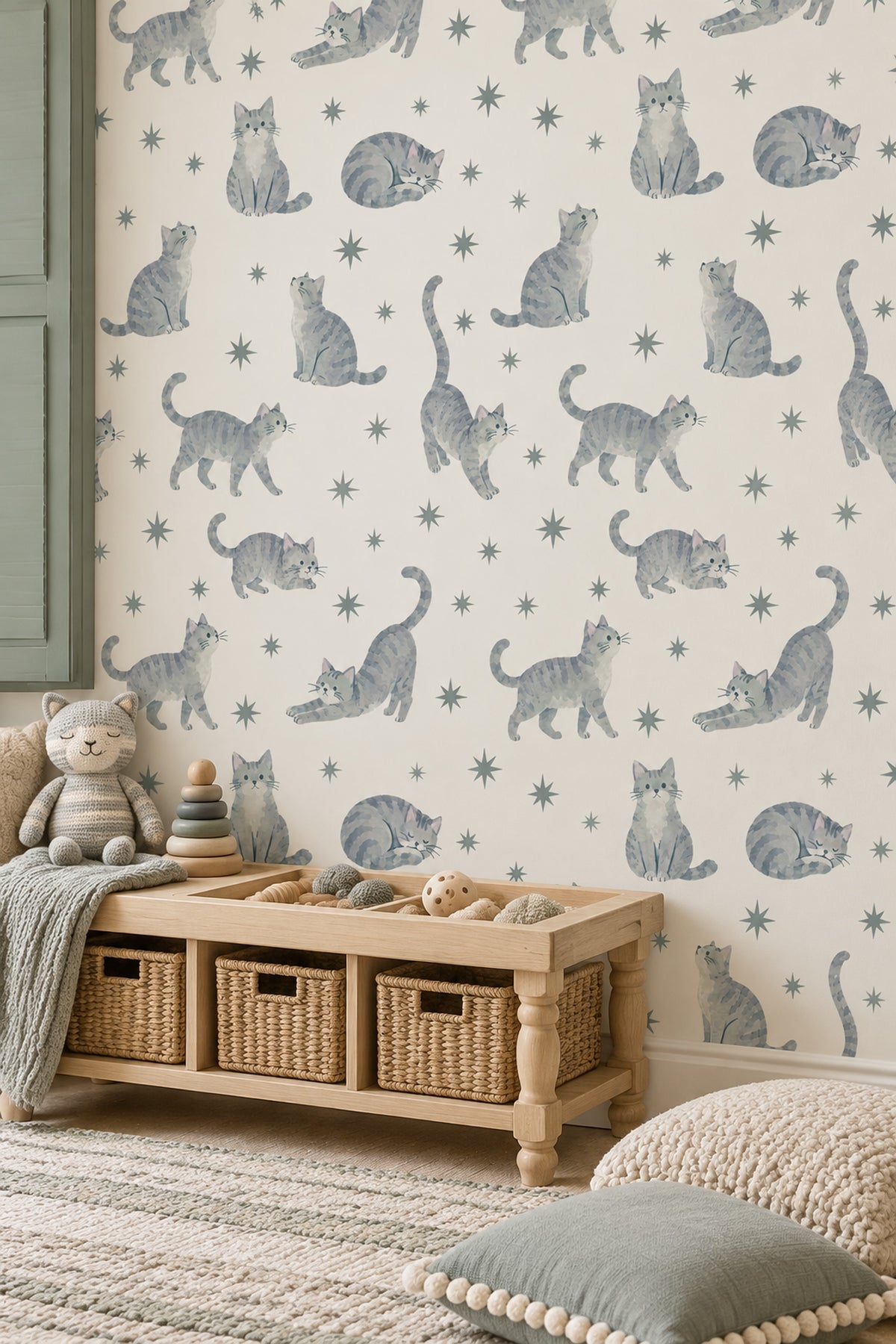 Watercolor Tabby Cats Wallpaper Starburst Motif On Cream