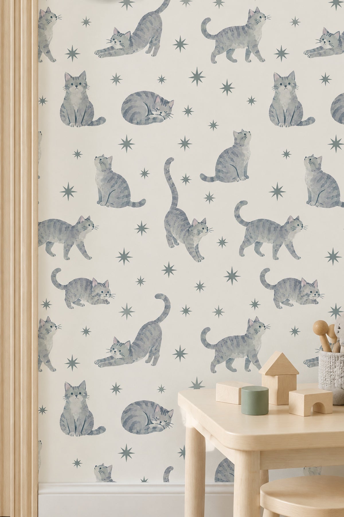Watercolor Tabby Cats Wallpaper Starburst Motif On Cream