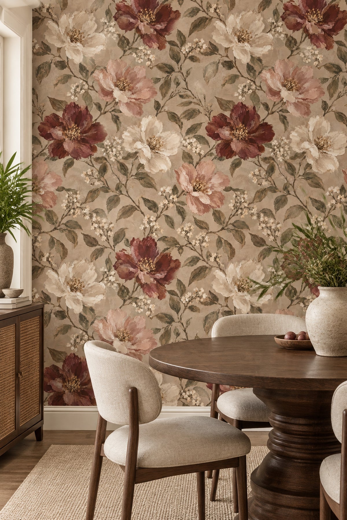 Burgundy Rose Blossoms Wallpaper Vintage Inspired Botanical Beige Background