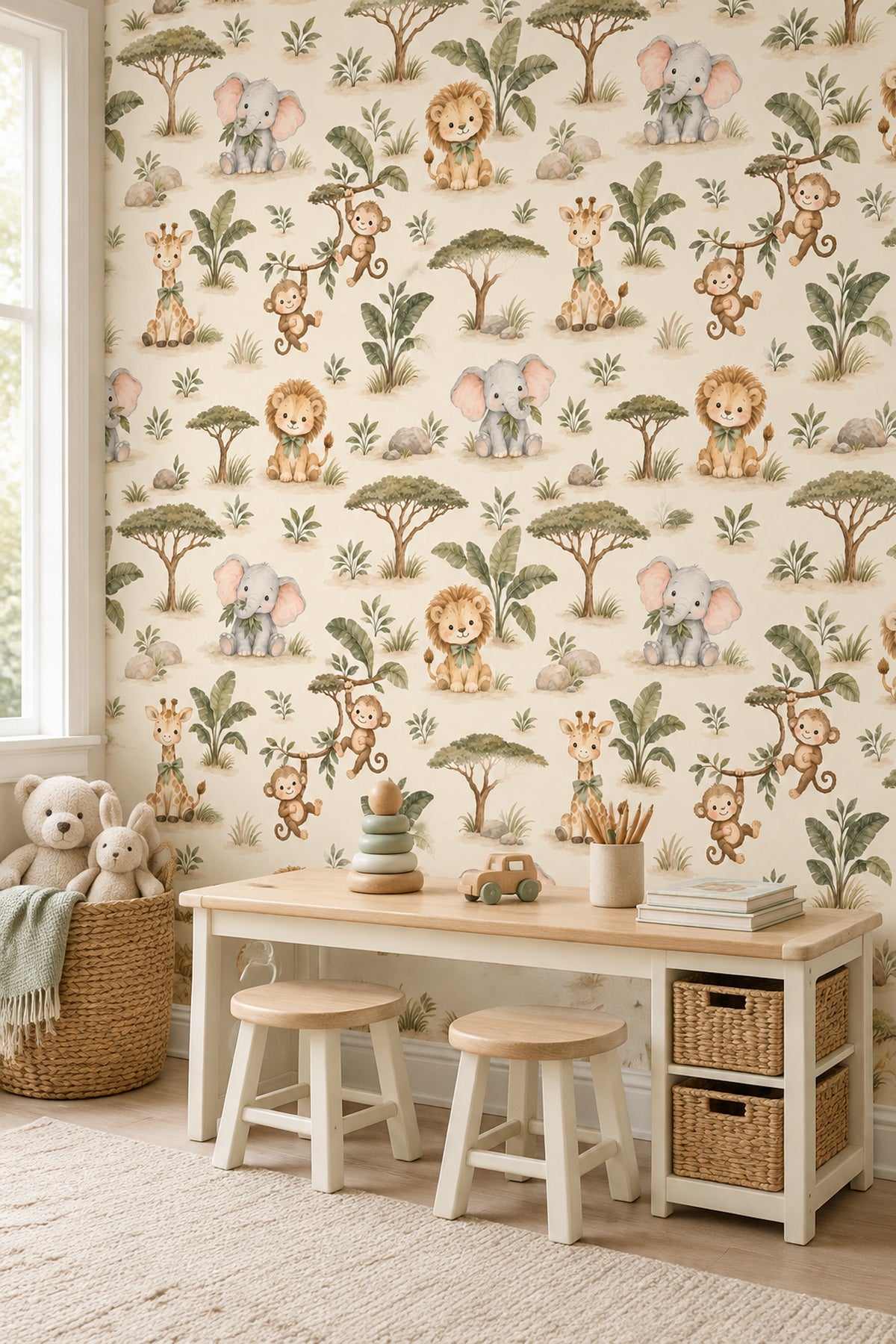 Cute Safari Animals Wallpaper Watercolor Repeat On Cream