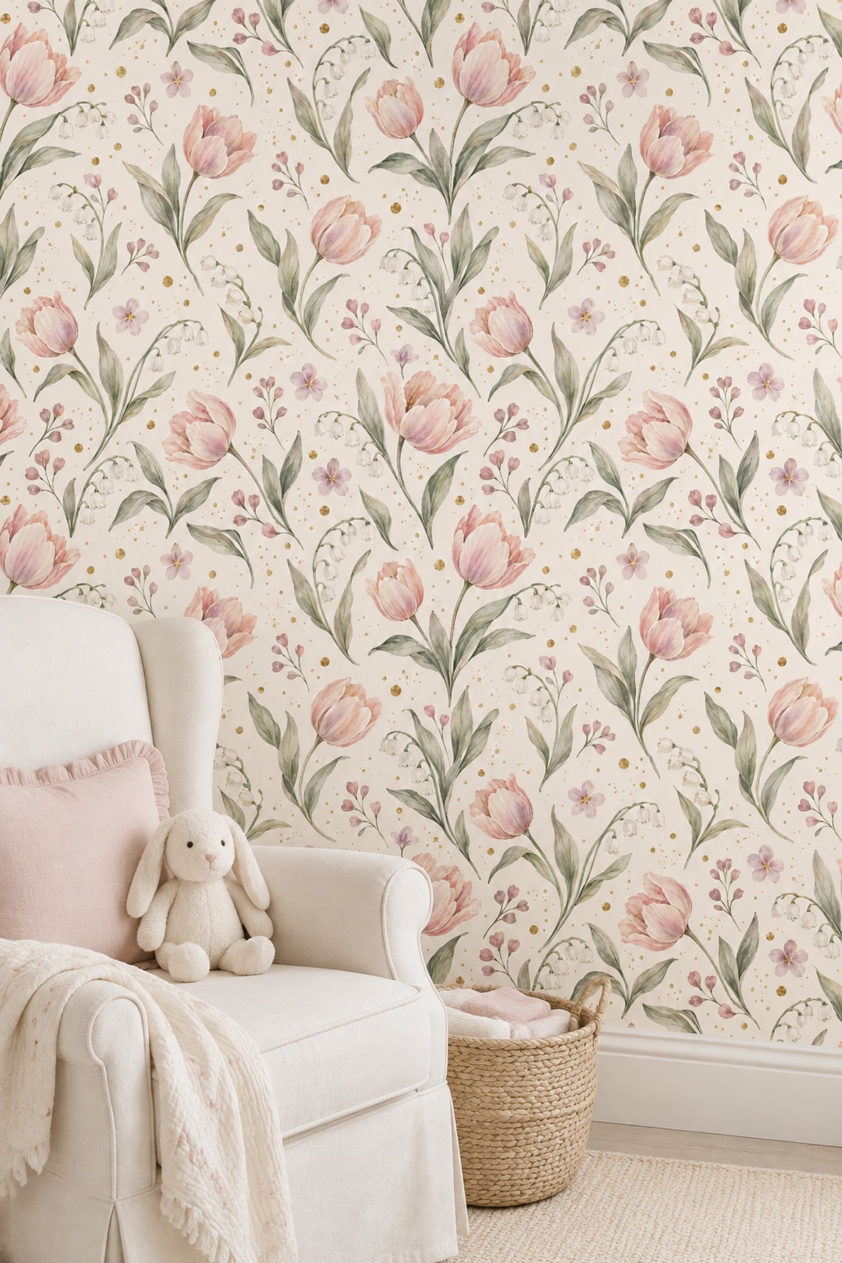 Pink Tulips Wallpaper Watercolor Floral On Ivory With Gold Dots