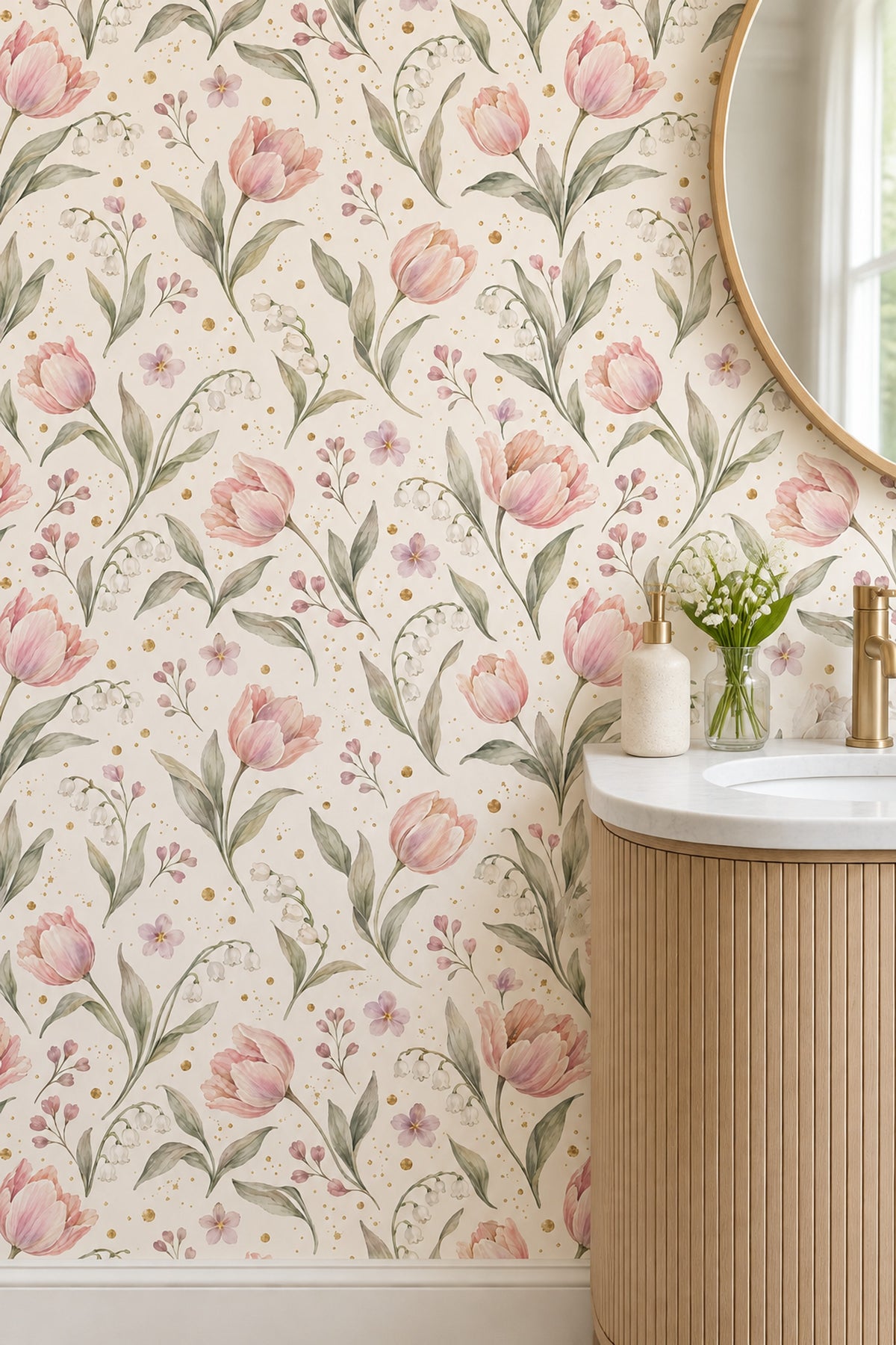 Pink Tulips Wallpaper Watercolor Floral On Ivory With Gold Dots
