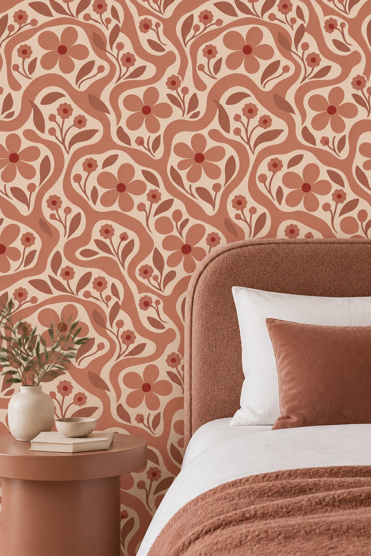 Terracotta Floral Wallpaper Retro Botanical Vines On Cream