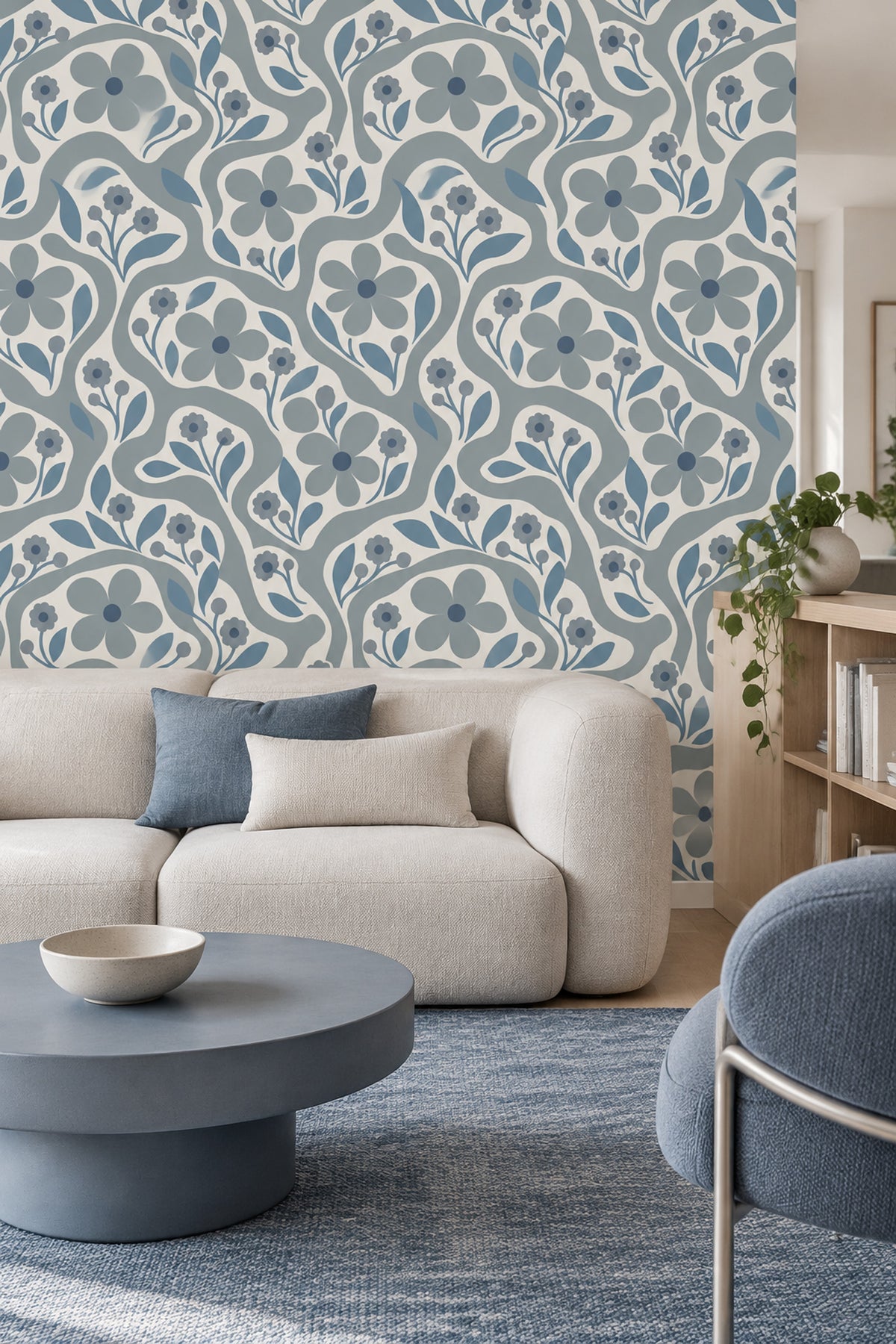 Stylized Blue Flowers Wallpaper Wavy Botanical Pattern On Ivory