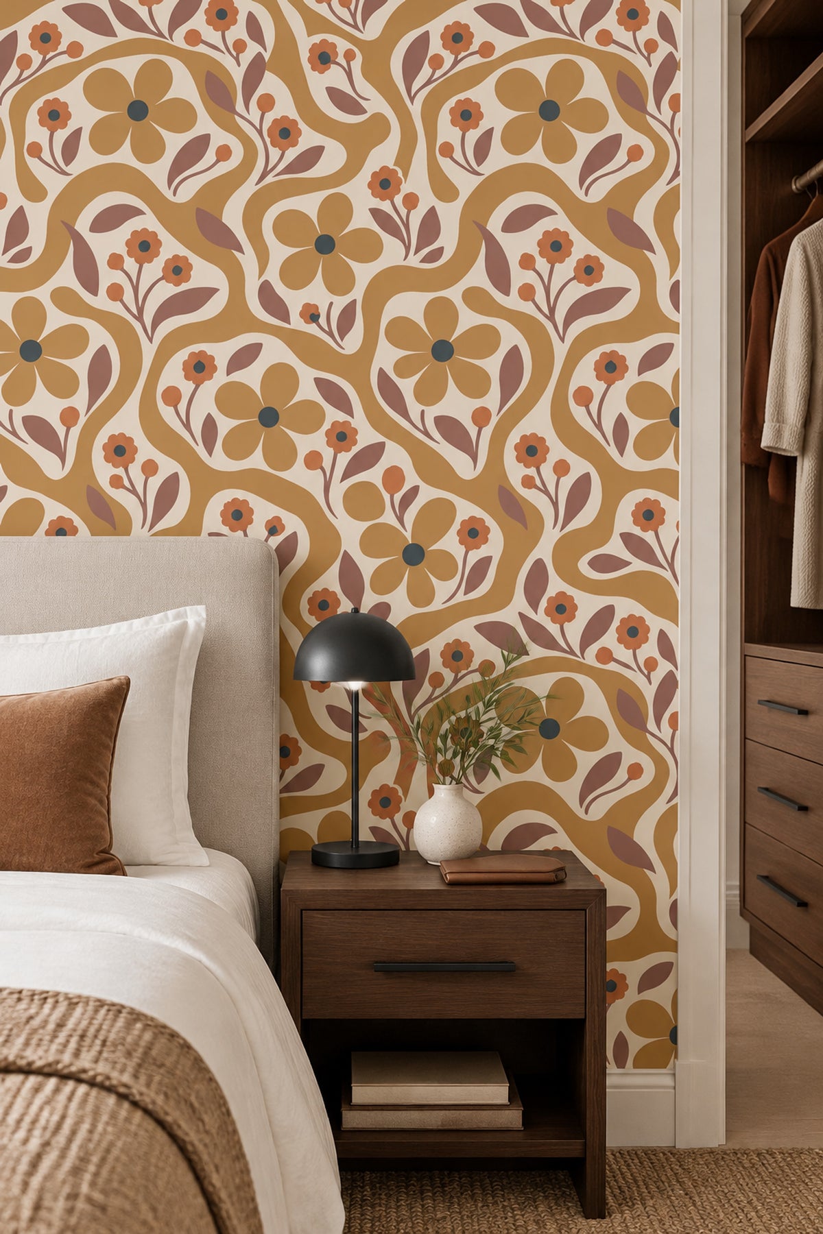 Retro Flowers Wallpaper In Cream And Mustard With Wavy Botanical Stripes