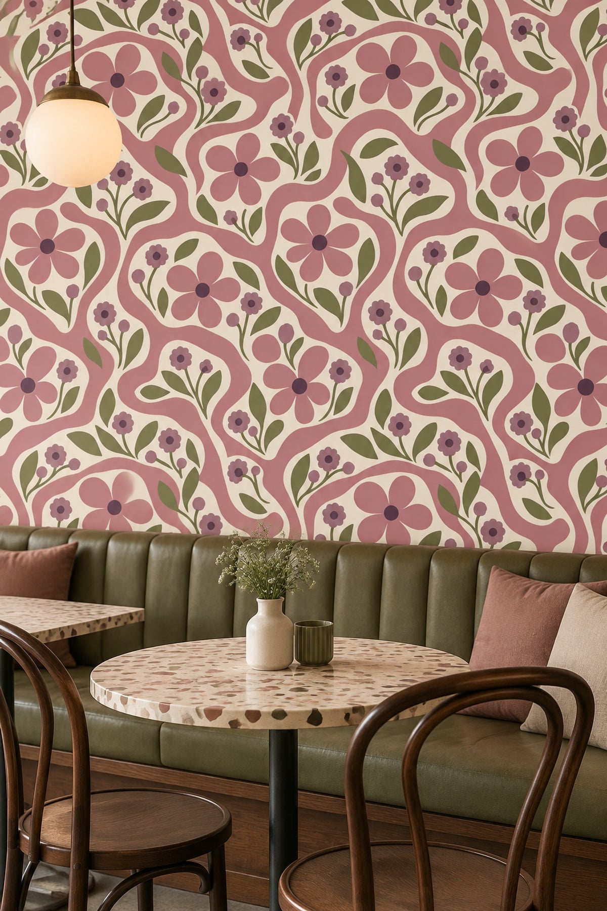 Pink Floral Wallpaper With Wavy Stripes On Cream Background