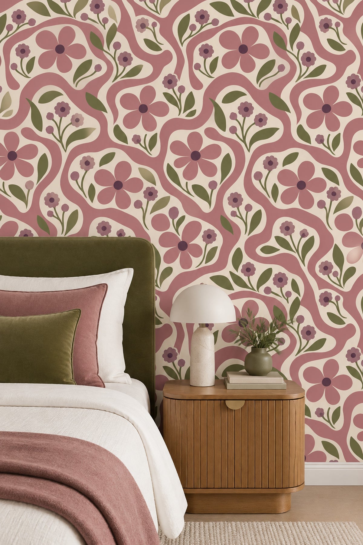 Pink Floral Wallpaper With Wavy Stripes On Cream Background