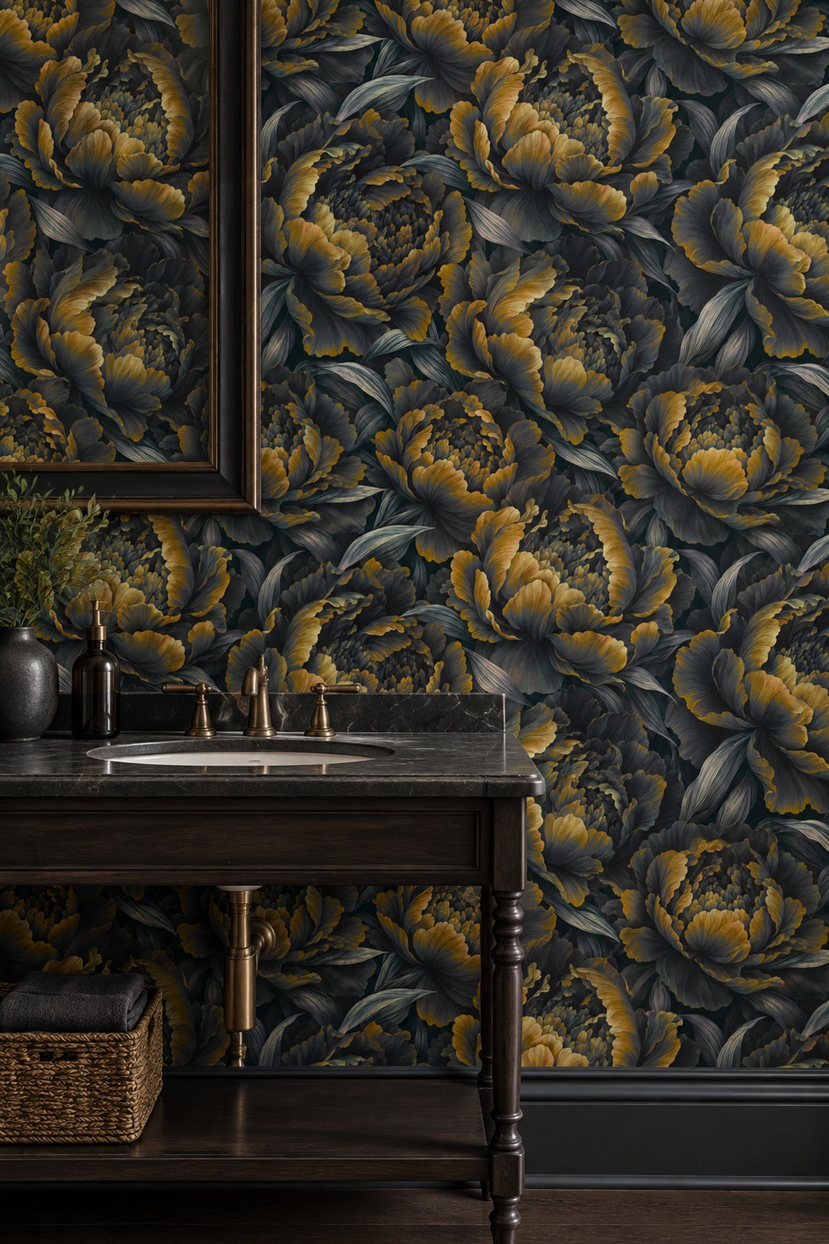 Large Peony Bloom Wallpaper Dark Floral In Muted Green And Gold