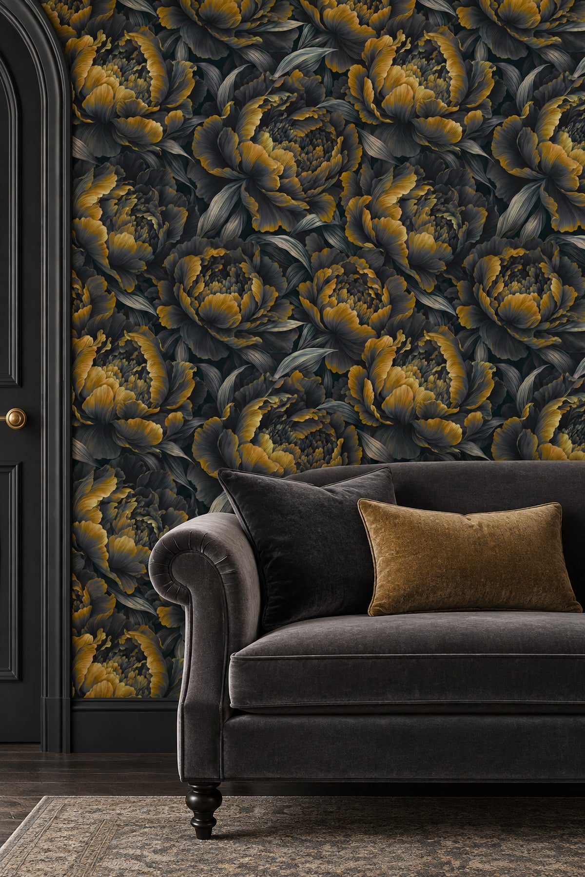 Large Peony Bloom Wallpaper Dark Floral In Muted Green And Gold