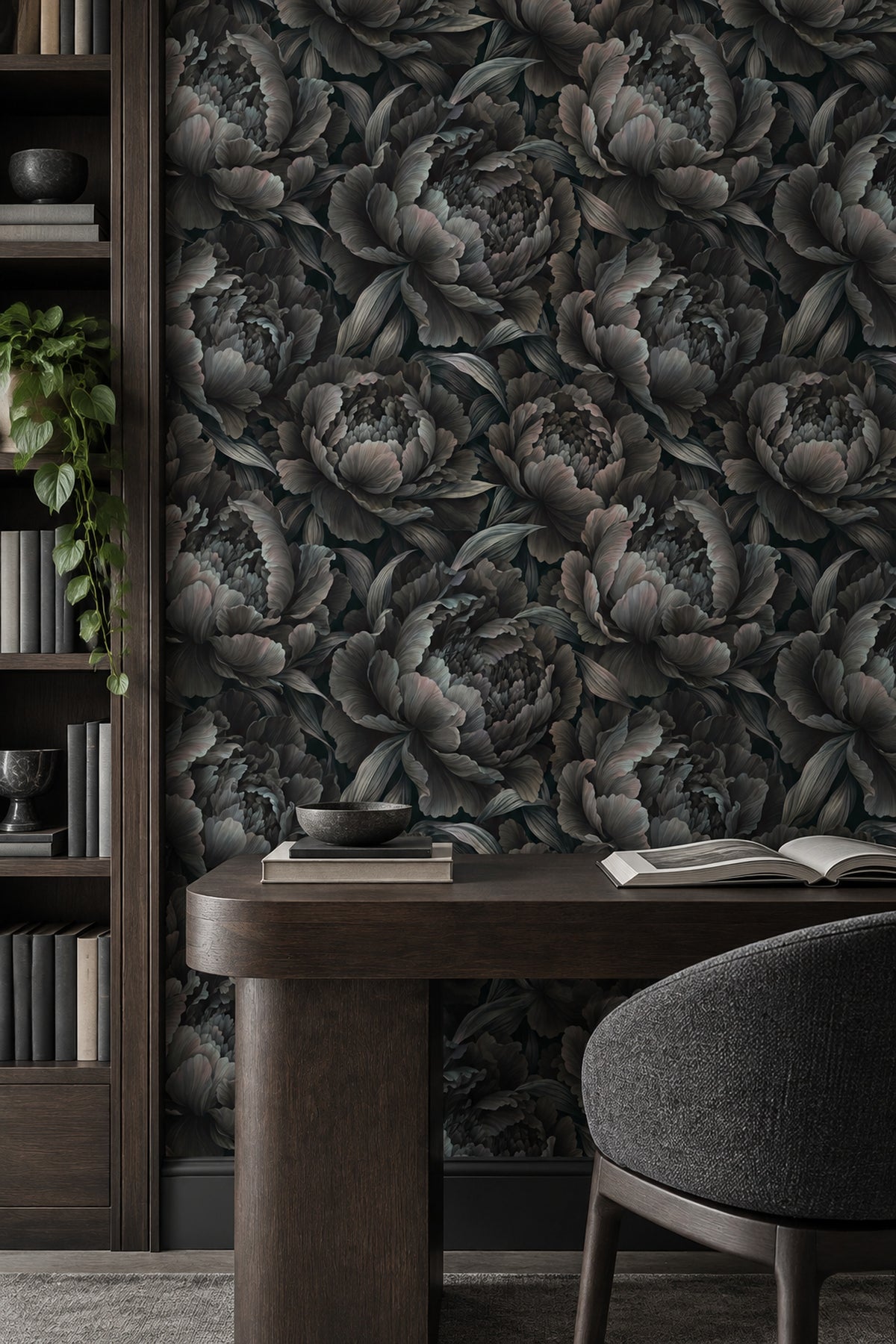 Layered Peony Blooms Wallpaper Dark Floral In Charcoal Gray