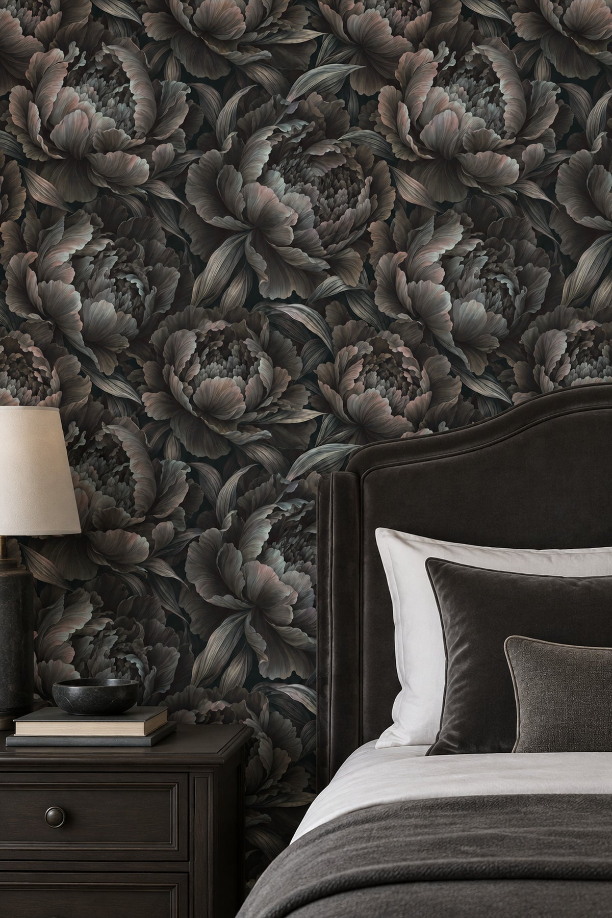 Layered Peony Blooms Wallpaper Dark Floral In Charcoal Gray