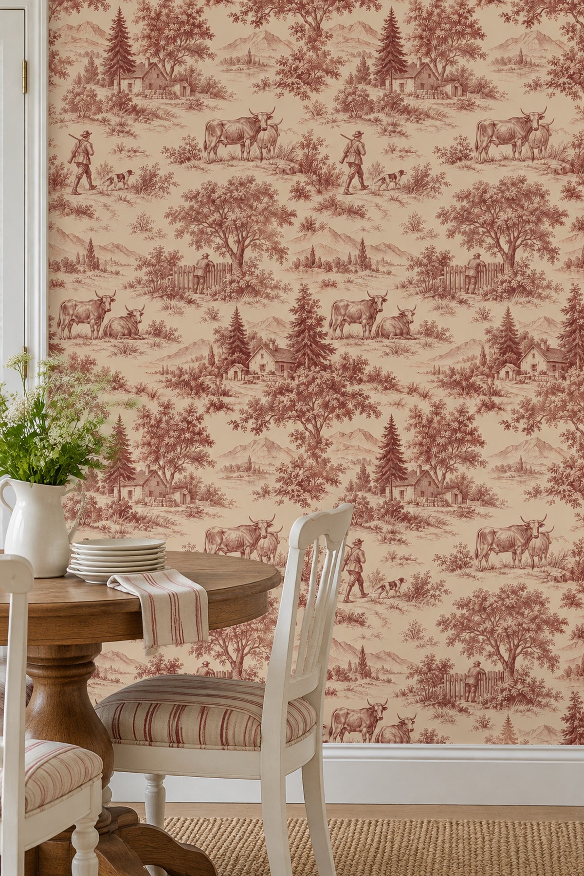Pastoral Countryside Toile Wallpaper Burgundy On Cream