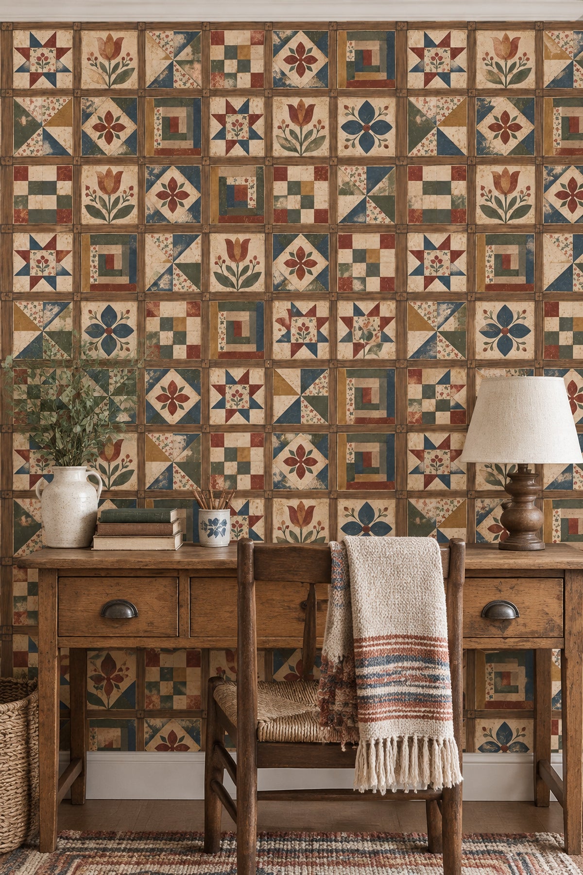 Patchwork Quilt Blocks Wallpaper Rustic Wood Grid