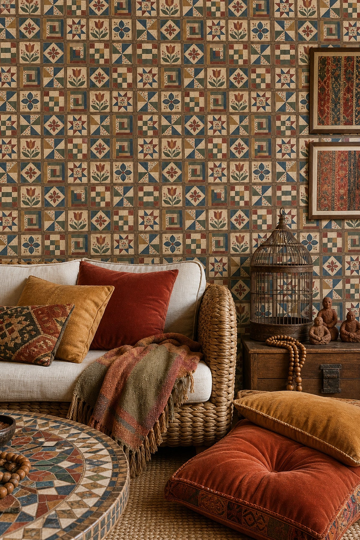 Patchwork Quilt Blocks Wallpaper Rustic Wood Grid